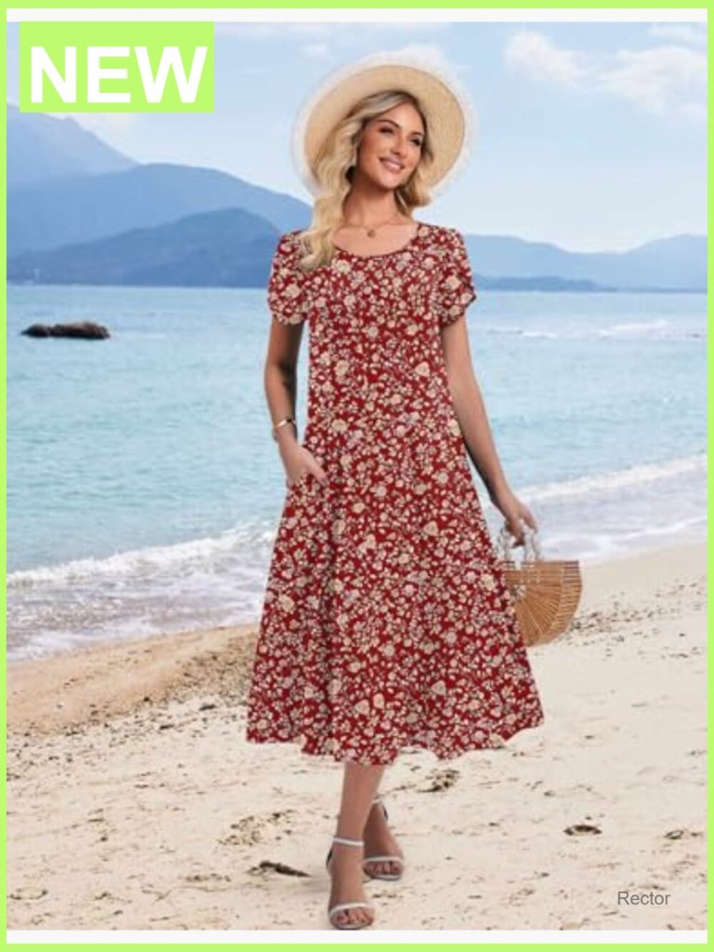 Casual Midi Dress Pleated Flare Sundress Short Sleeve A-Line Swing Dress - Picture 6 of 7